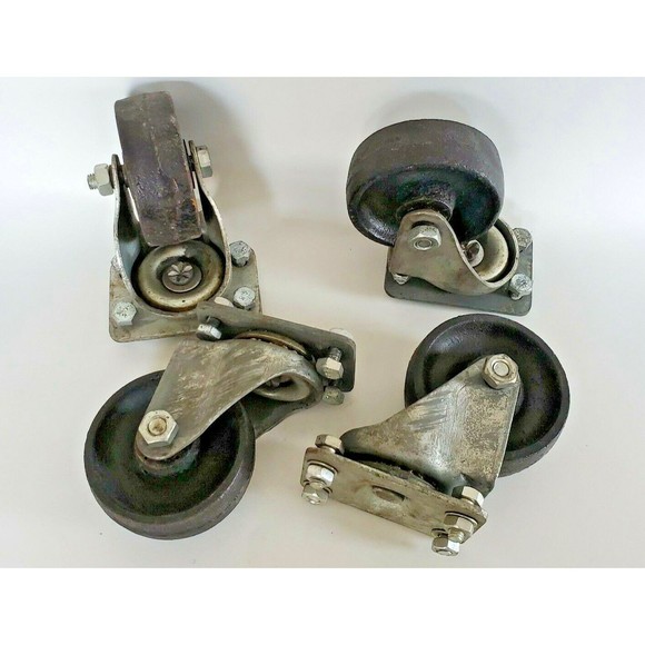 Industrial Factory Cast Iron Swivel Castors w/ Bolts, Vtg Heavy Duty 3.5" Wheels - Picture 11 of 12